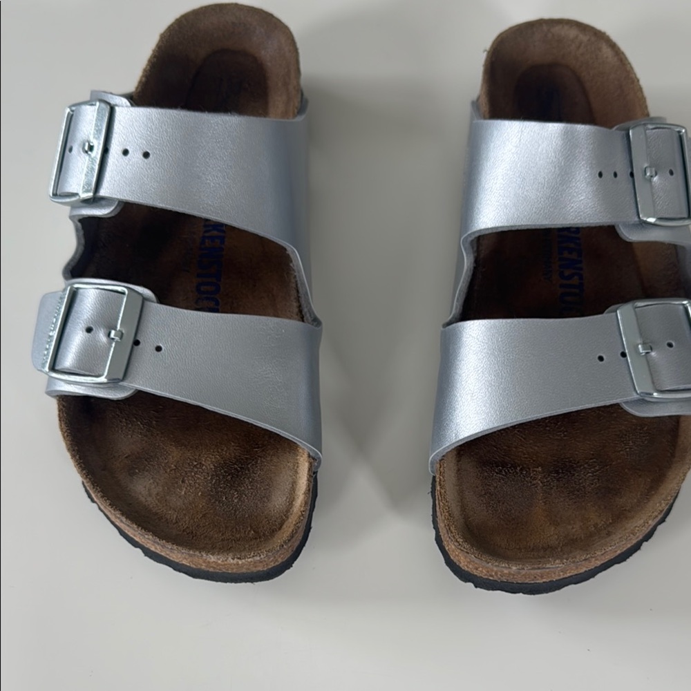 Birkenstock Metallic Silver Double Strap Sandals
